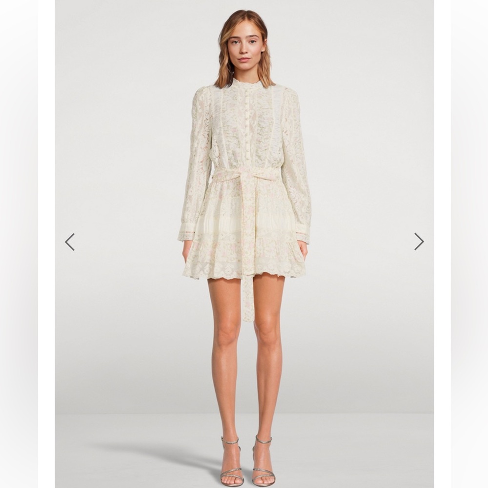 LoveShackFancy Jessalyn Ivory Lace Mini Dress with Tie Waist XS